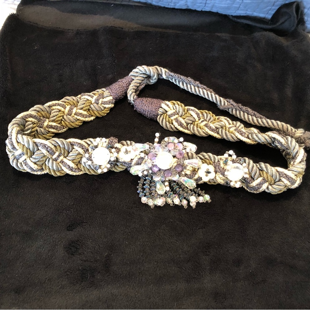 Vintage Braided Rope Belt with Pearl and Jewel Embellishments